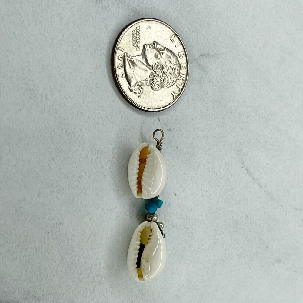 Upcycled Cowrie Seashell and Faux Turquoise Beaded Pendant